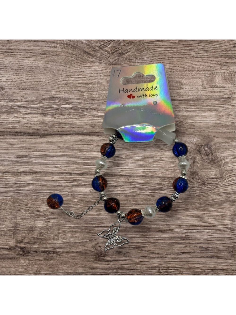 Blue Red Beaded Butterfly Charm Bracelet NWOT